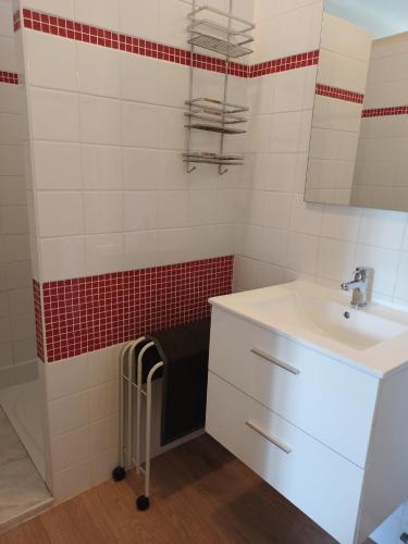 Mareuil-sur-CherGîte La P'tite Fugue的浴室设有白色水槽和红色及白色瓷砖