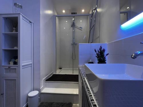 GagnyL Annexe - Parenthèse Champêtre PARIS DISNEYLAND的带淋浴和盥洗盆的白色浴室