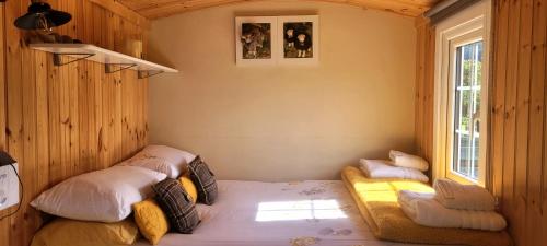 巴尔马卡拉Cozy Shepherd hut 20 by 7 feet with boxed in high double bed的一间卧室设有两张床和窗户。