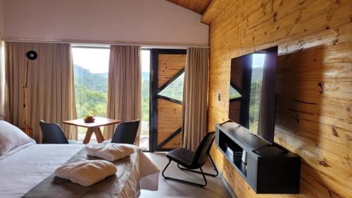 蒙特韦尔迪Hotel Pico 16的一间卧室设有一张床、一台电视和一个窗口。