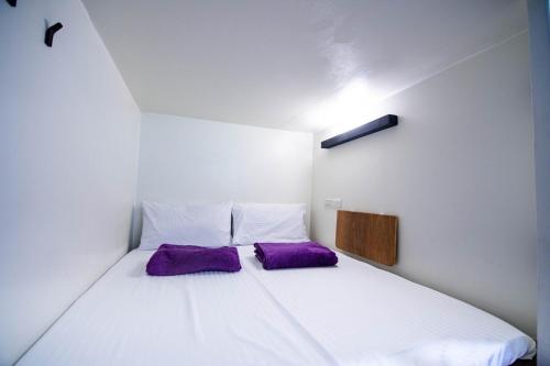 小琉球岛黑背包 Black Backpack的一间小卧室,配有一张白色的床和紫色枕头