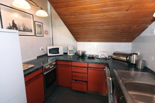 杜布罗夫尼克Apartments with WiFi Dubrovnik - 4730的厨房配有红色橱柜和黑色台面