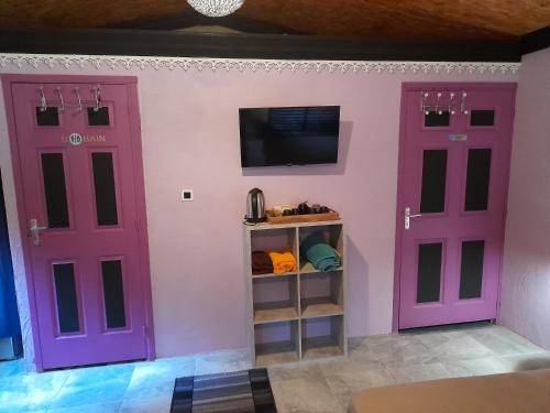 萨拉济Gite LA CASCADE BLANCHE的带电视的客房内的2扇粉红色门