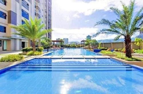 宿务Horizon 101 A2 Shortwalk Robinson Mall Mango Square Bar的一座棕榈树大型游泳池