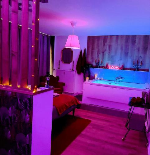 科尔马Superbe appartement Colmar avec vue et Jacuzzi的紫色客房 - 带一张床和一个浴缸