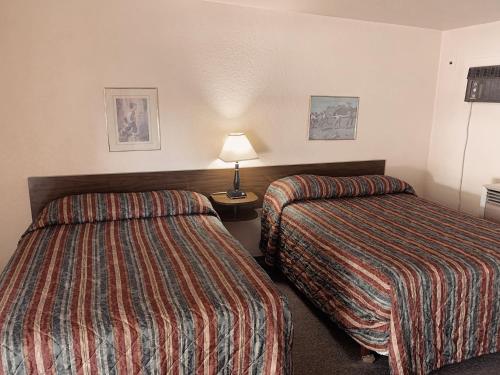 普林斯顿Evergreen Motel的酒店客房,设有两张床和一盏灯