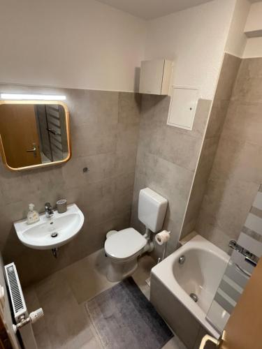 罗斯托克Ruhige Ferienwohnung的浴室配有卫生间、盥洗盆和浴缸。