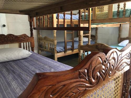 San Rafael CedrosNanda Parbat Hostal的一间卧室设有两张双层床和梯子
