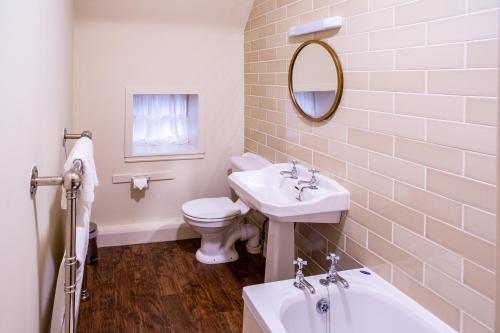 希河谷多明泽城堡乡村民宿的一间带水槽、卫生间和镜子的浴室