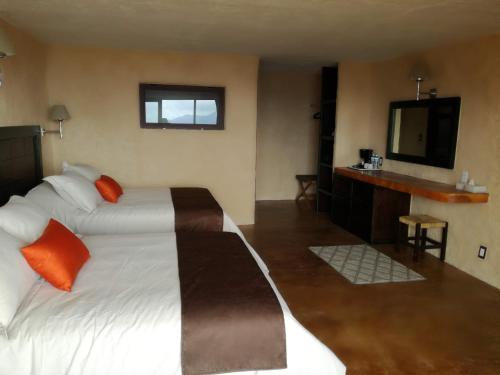 萨卡特兰HOTEL ALTAVISTA的酒店客房设有两张床和盥洗盆