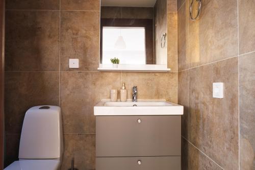 哥鲁拜克Horizont Dedine的一间带水槽和卫生间的浴室以及窗户。