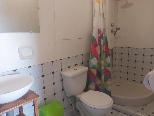 普诺Titicaca Utama Lodge Perú的浴室配有卫生间、盥洗盆和淋浴。