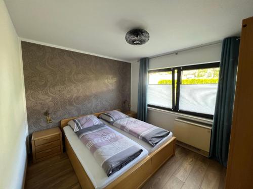 温特贝格Ferienwohnung am Hillestausee的一间小卧室,配有床和窗户