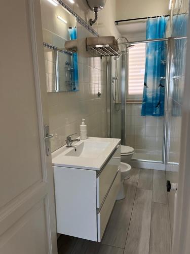 蒙特卡蒂尼泰尔梅Grazioso appartamento in zona centrale.的一间带水槽、淋浴和卫生间的浴室