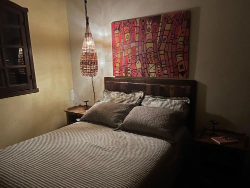 圣安娜杜里亚舒Casas da Paty的卧室配有一张床,墙上挂有绘画作品