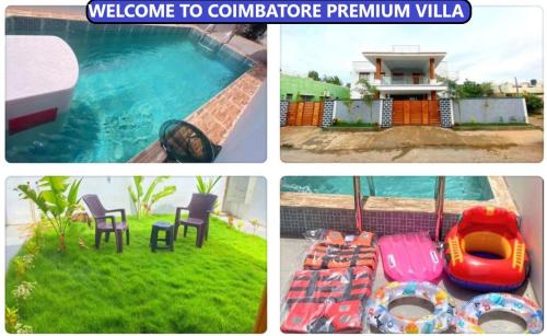 哥印拜陀Coimbatore Premium Private Villa a FAMILY RESORT kids, celebration hall的游泳池四张照片的拼合物