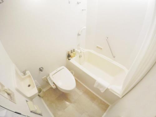鲹泽町罗克伍德Spa及酒店的白色的浴室设有卫生间和浴缸。