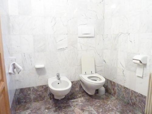 FiavèAppartamento Stumiaga di Fiavè的白色的浴室设有卫生间和坐浴盆。