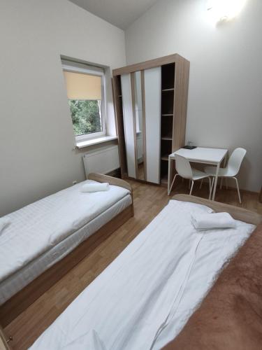 克雷廷加Trevena Kretinga的一间卧室设有两张床、一张桌子和一个窗口