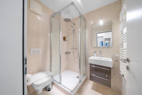 蒙特勒Montreux Grand Rue - Swiss Hotel Apartments的带淋浴、卫生间和盥洗盆的浴室
