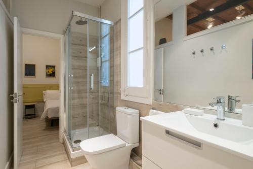 巴塞罗那Aspasios Gracia Apartments的带淋浴、卫生间和盥洗盆的浴室