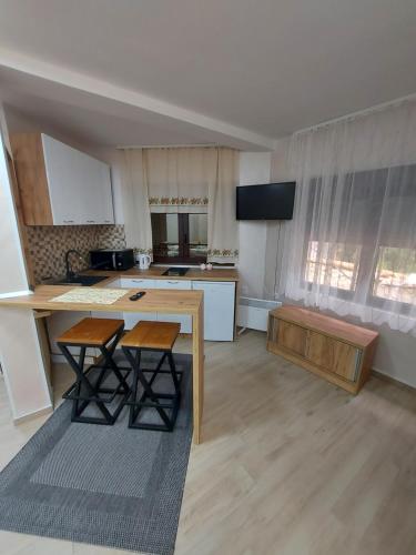 LukovoSTIV Apartmani的一间厨房,内设桌子和椅子