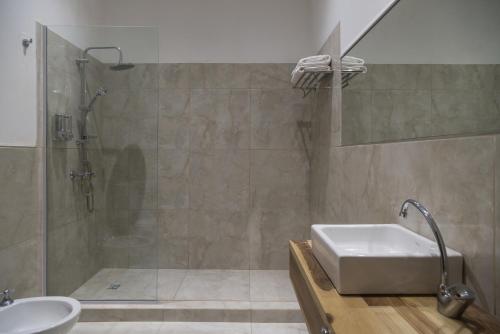 萨尔塔Haus Apart Hotel的带淋浴和盥洗盆的浴室