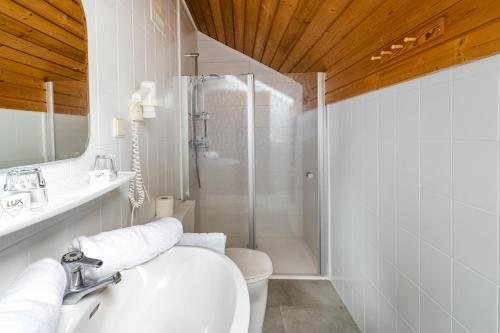 巴德小基希海姆斯博塔尔姆公寓的浴室配有卫生间、盥洗盆和淋浴。