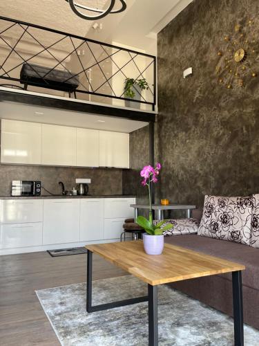 考纳斯Radio city loft的厨房以及带木桌的起居室。