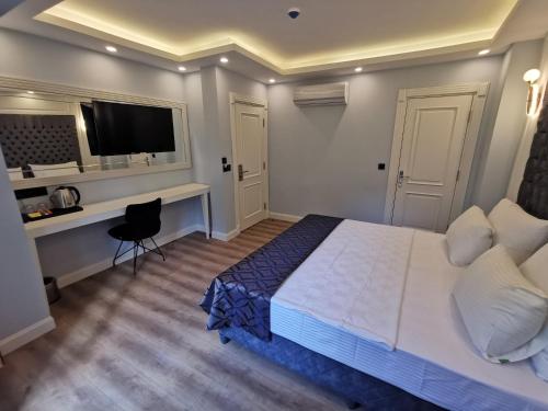 伊斯坦布尔Luxx Garden Hotel的一间卧室配有一张床、一张书桌和一台电视