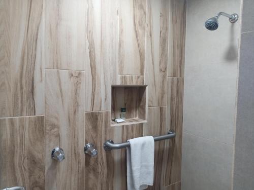 提华纳Baja Inn Hoteles La Mesa的带淋浴的浴室和木墙