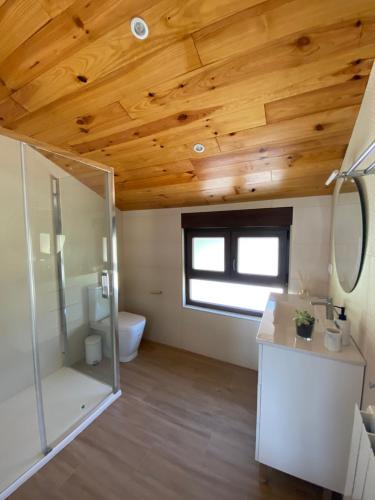 PenagosCasa Los Rinocerontes的一间带卫生间和水槽的浴室以及木制天花板