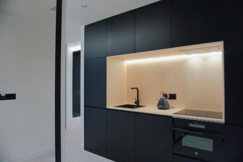 桑亨霍Loft Mardevela的厨房配有黑色橱柜和水槽
