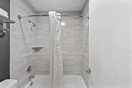 皮阿拉普Basecamp Puyallup的浴室内配有淋浴帘。