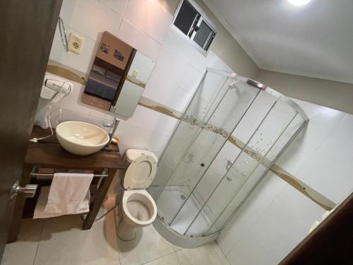 萨尔托Loft & Suites Centro的带淋浴、卫生间和盥洗盆的浴室