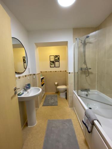 伯恩茅斯1 bedroom apartment in the heart of Bournemouth的一间带水槽、卫生间和淋浴的浴室