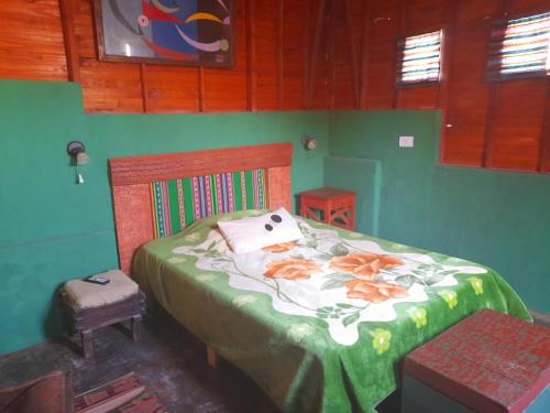麦马拉Sumaj Rústica的一间设有床铺的卧室,位于一个拥有绿色墙壁的房间