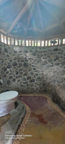 武吉拉旺Lawang Inn的一间带石墙和卫生间的浴室