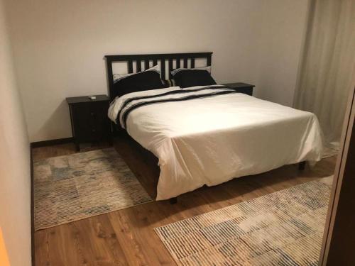 开罗Serviced apartment -Sheraton Al Matar (Ocean blue)的一间卧室配有带白色床单和黑色枕头的床。