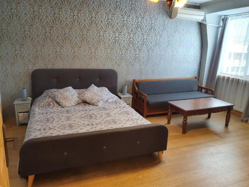 洛维奇Апартамент Барок 2的一间卧室配有一张床、一把椅子和一张桌子