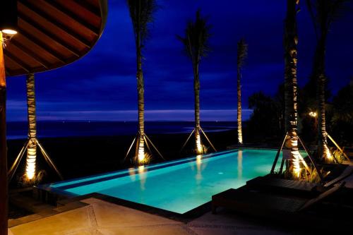 普卢坎Wide Sands Beach Retreat的棕榈树和灯光的夜间游泳池