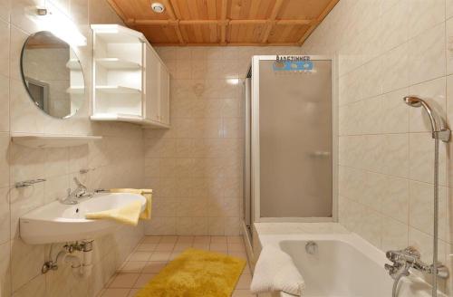 基希比希尔Stegerbauer的带淋浴和盥洗盆的白色浴室
