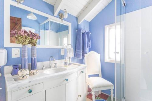 阿雷格里港Morada das Flôres的蓝色的浴室设有水槽和镜子