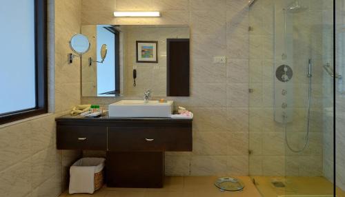 麦罗肯机Fortune Park Moksha, Mcleod Ganj - Member ITC's Hotel Group的一间带水槽和淋浴的浴室