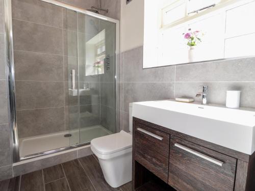 桑德巴奇Swallow Cottage的带淋浴、盥洗盆和卫生间的浴室