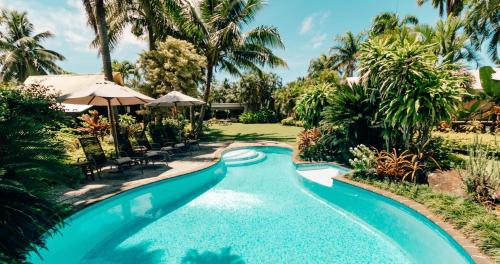 拉罗汤加伊库拉吉环保帐篷酒店的棕榈树度假村的游泳池