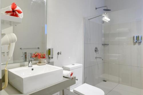 特鲁欧克比赫斯Voile Bleue Boutique Hotel的白色的浴室设有水槽和淋浴。