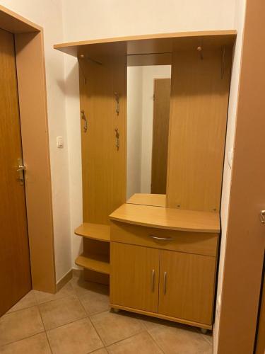 诺瓦沃什KMETIJA KNAVS的一间带木制橱柜和镜子的浴室