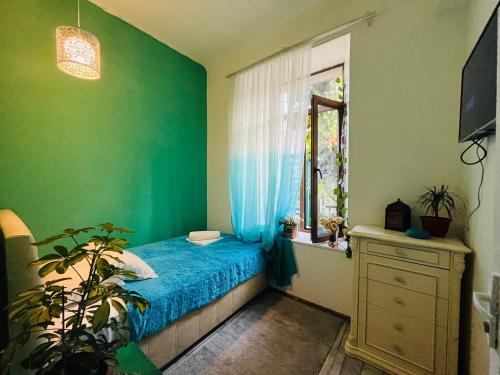 阿哈尔齐赫kessane的一间卧室设有蓝色的床和窗户。