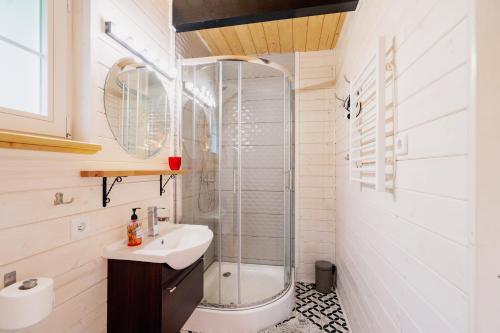 科乌切沃黑白山林小屋的一间带水槽和淋浴的浴室